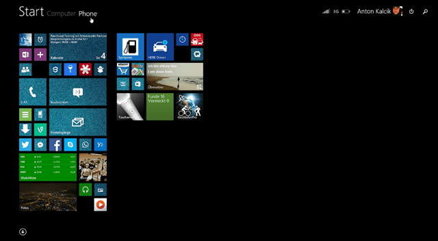 Start screen with the Windows Phone tiles